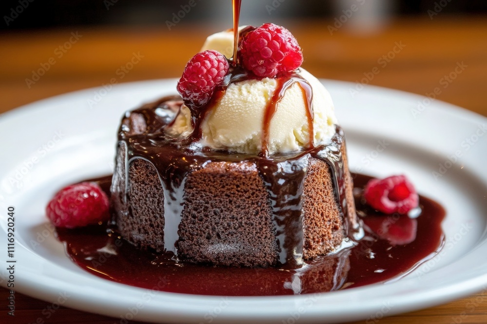 Savor the sweetness of raspberry sauce drizzled over decadent dessert.