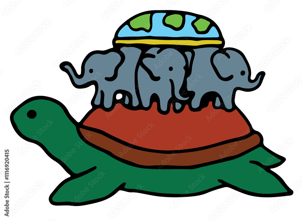 illuminati symbols, flat earth with continents and oceans on three elephants and a big green turtle illuminati symbols, flat earth with continents and oceans on three elephants and a big green turtle