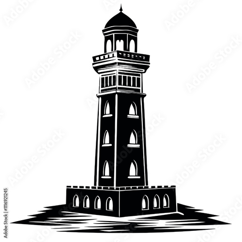 Lighthouse Beacon: A majestic lighthouse stands tall against the sea, its silhouette a symbol of guidance and hope.  A powerful black and white illustration. 