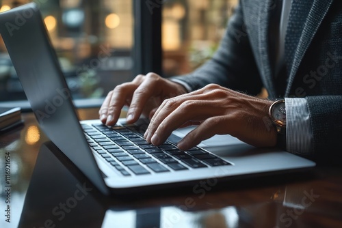 Closeup of Businessman Hands Typing on Laptop in Modern Office Workspace