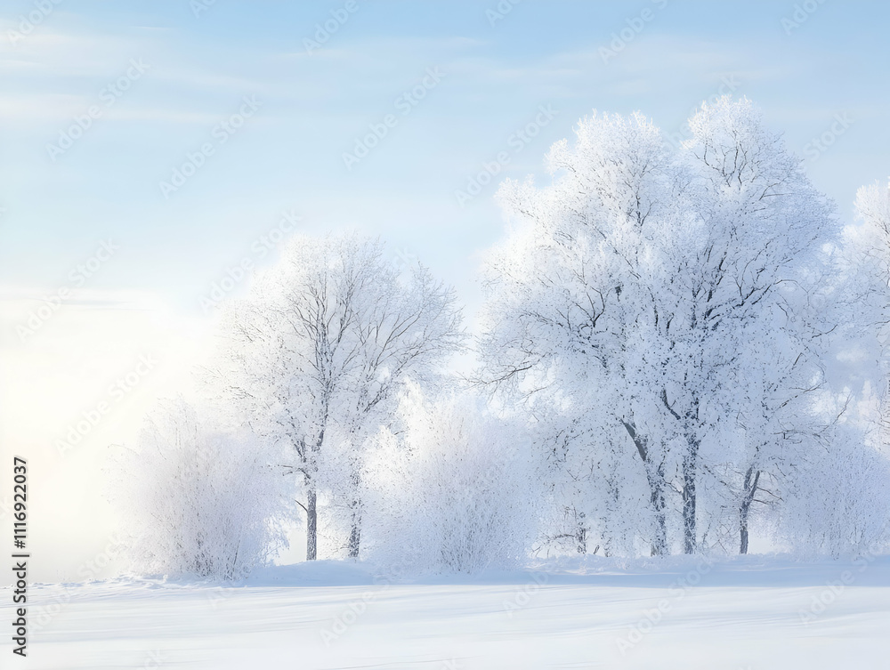 A serene winter landscape with frosted trees and a soft, snowy ground under a blue sky. A serene winter landscape with frosted trees and a soft, snowy ground under a blue sky.