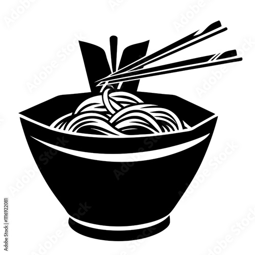 Vector Ramen Noodles Icon: A simple yet striking silhouette of a bowl of ramen noodles, complete with chopsticks, perfect for menu design, food blogs, and culinary-themed projects. 