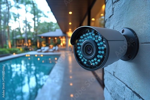 Home security camera. Outdoor surveillance camera on the wall of a luxury house. photo