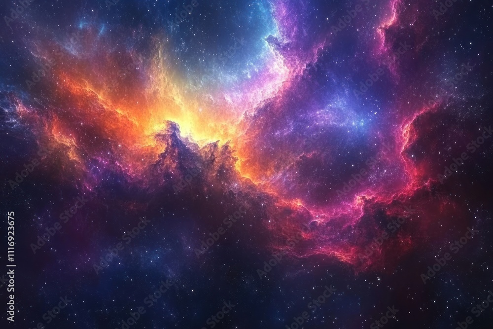 Fototapeta premium A vibrant nebula in space, with swirling clouds of gas and dust in shades of pink, blue, orange, and yellow, against a backdrop of twinkling stars.