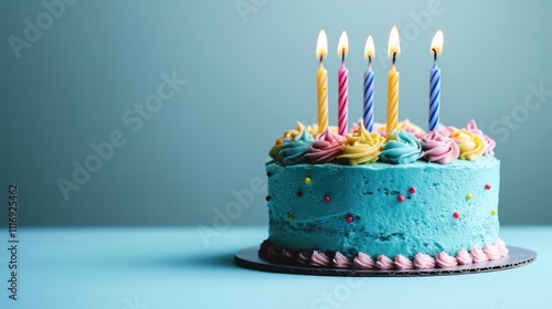 Birthday Cake with Blue Icing Colorful Candles Celebrate Party Sweet Dessert Festive Treat