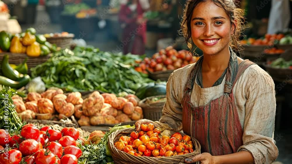 A healthy fresh fruit and vegetable vendor in a bustling market. A healthy fresh fruit and vegetable vendor in a bustling market.