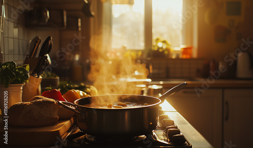 Stirring a pot with steaming hot soup on an electric stove in the kitchen, surrounded by fresh vegetables and bread