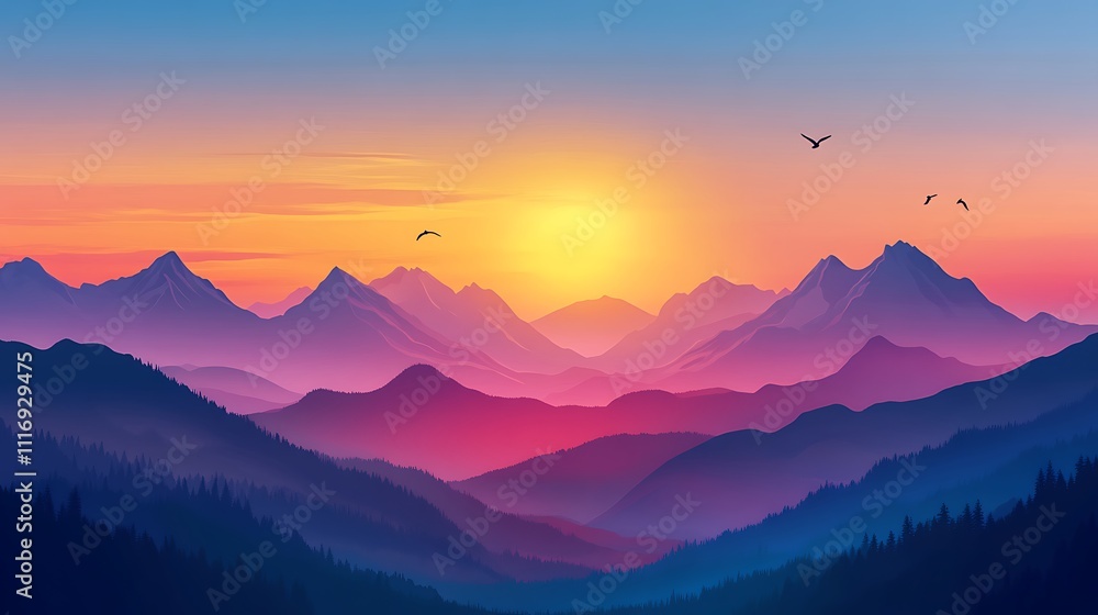 Majestic Sunset Over Silhouetted Mountain Ranges Majestic Sunset Over Silhouetted Mountain Ranges