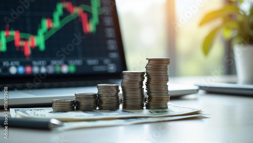 Close-up coin stack, laptop displaying stock market charts on blurry background. - Generative AI photo