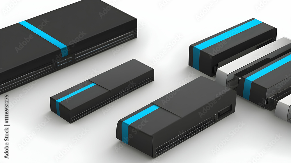 Collection of sleek, black rectangular devices with cyan accents, varying in size, isolated on white background. Collection of sleek, black rectangular devices with cyan accents, varying in size, isolated on white background.