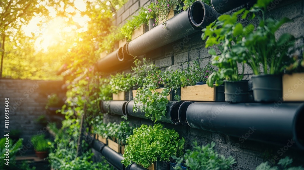 Sunlit vertical garden on brick wall using pipes and wooden planters. Sunlit vertical garden on brick wall using pipes and wooden planters.