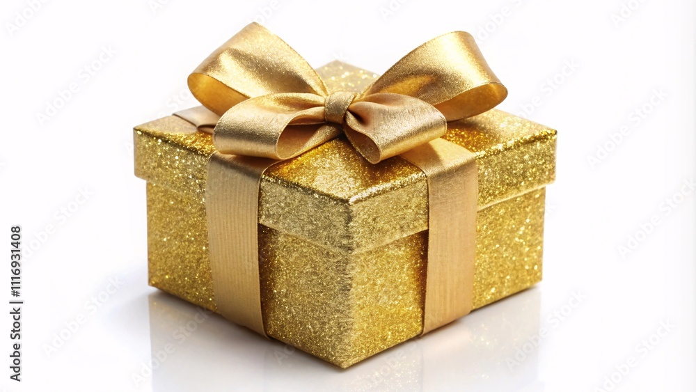 Gold glitter gift box with a bow on white background Gold glitter gift box with a bow on white background