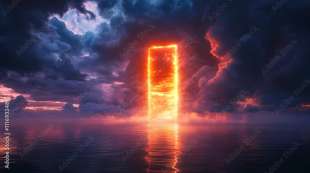 Fototapeta premium Glowing rectangular portal illuminates the darkened horizon as fiery orange hues dance above the tranquil waters at dusk