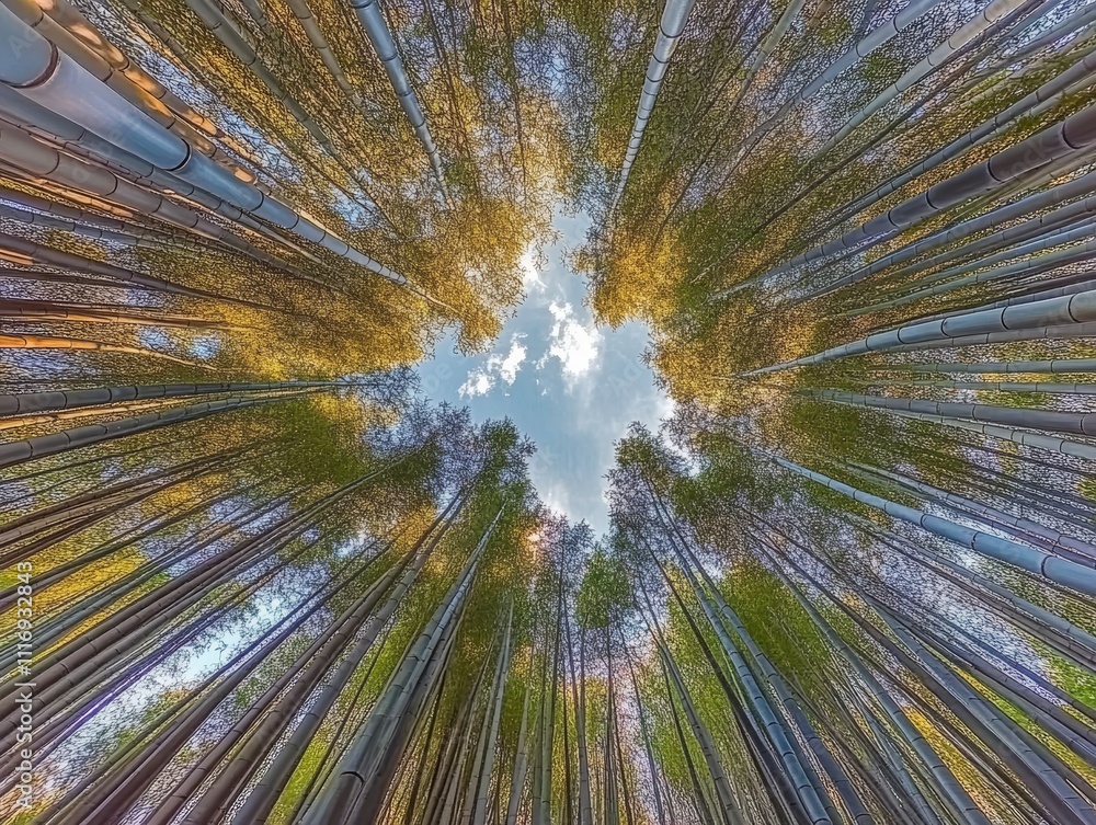Obraz premium Bamboo forest at Arashiyama Looking up to sky Kyoto Japan nature Sagano Bamboo Grove of Arashiyama - ai