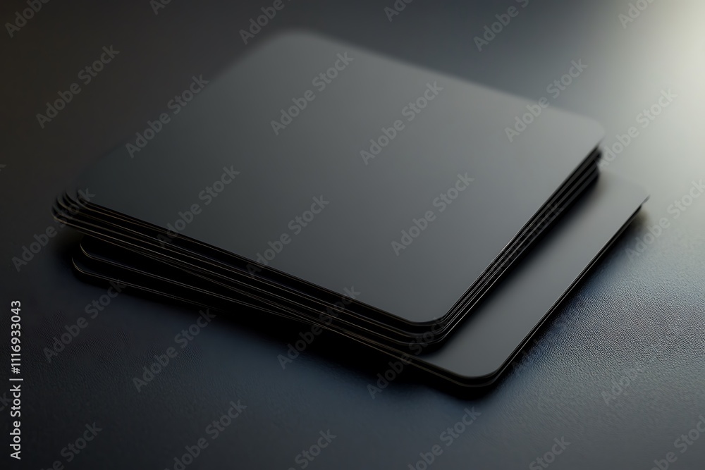 A stack of smooth, square black coasters on a dark surface. A stack of smooth, square black coasters on a dark surface.