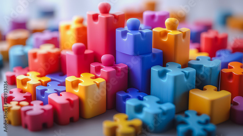 A pile of colorful jigsaw puzzle pieces with a blue piece in the middle. The puzzle pieces are of different colors and sizes, and they are scattered all over the table. Concept of creativity and fun