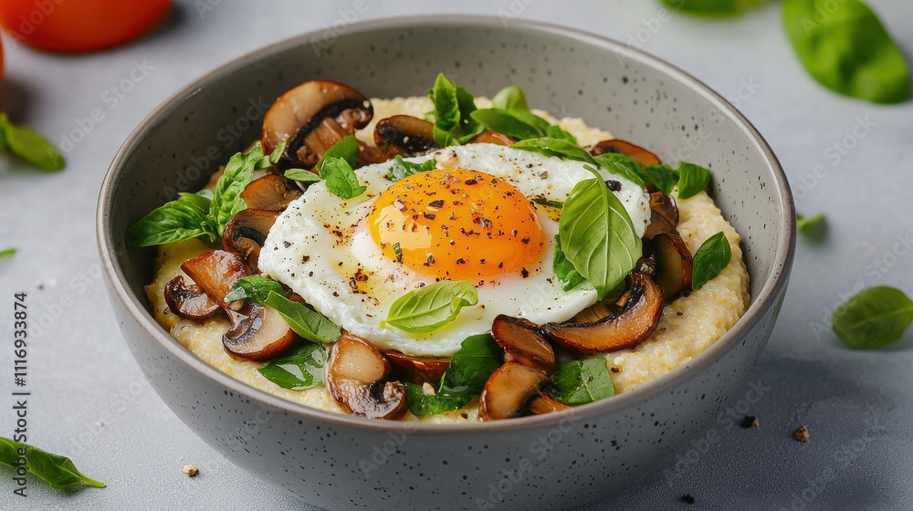 Delicious breakfast bowl with mushrooms and spinach kitchen food natural light close-up healthy eating Delicious breakfast bowl with mushrooms and spinach kitchen food natural light close-up healthy eating