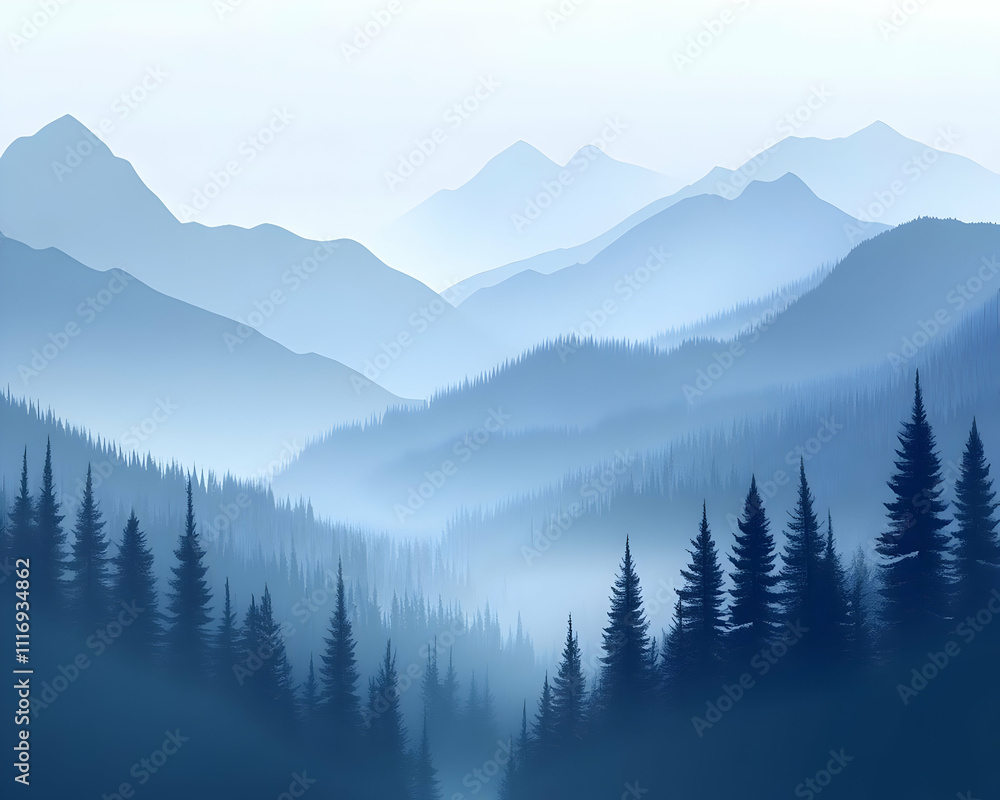 A serene landscape featuring misty mountains and dense evergreen forests. A serene landscape featuring misty mountains and dense evergreen forests.