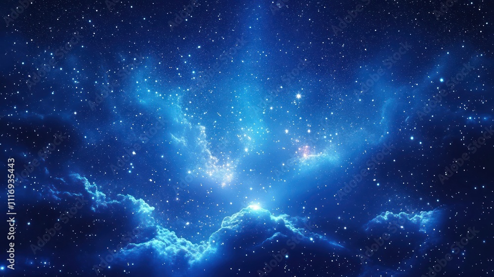 Fototapeta premium Abstract Blue Cosmic Background with Light Rays and Glowing Particles in a Starry Sky