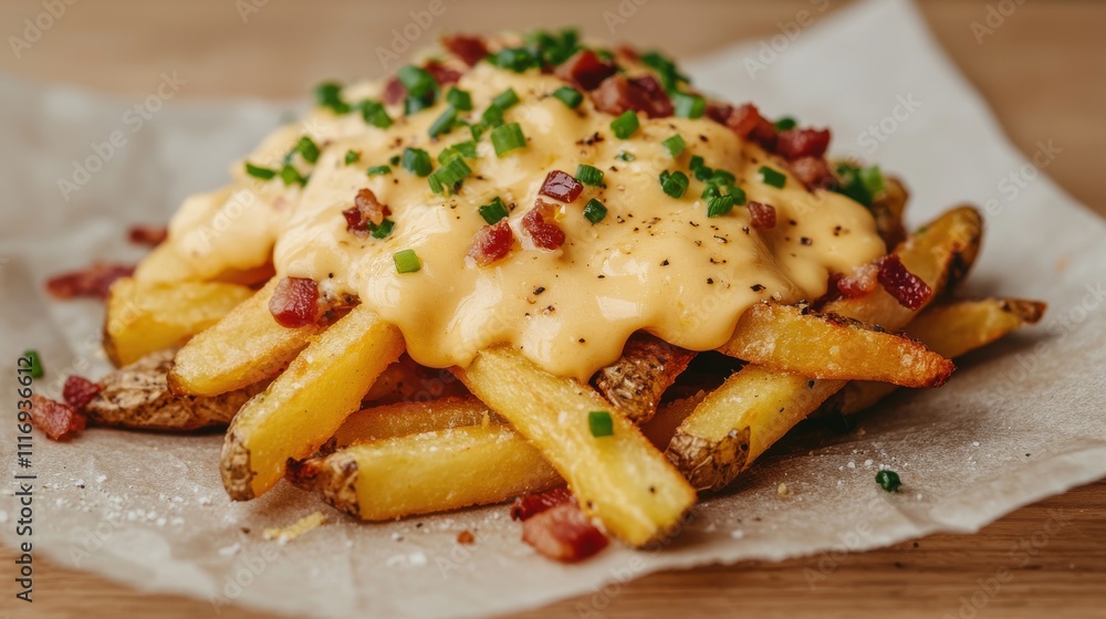 Indulging in delicious loaded fries with cheese and bacon indoor comfort food delight cozy close-up view of a comforting meal Indulging in delicious loaded fries with cheese and bacon indoor comfort food delight cozy close-up view of a comforting meal