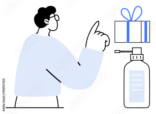 Person pointing upwards towards a gift box and hand sanitizer bottle, implying a reminder for cleanliness during holiday gift exchanges. Ideal for health campaigns, celebrations, holidays, safety