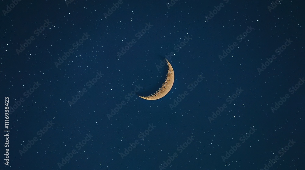 Crescent moon glowing against a dark night sky speckled with stars. Crescent moon glowing against a dark night sky speckled with stars.