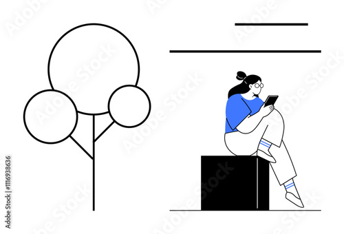 Person with glasses and bun sitting on black block, wearing blue shirt and holding a tablet. Tree in minimalist style. Ideal for tech, education, relaxation, self-study, digital learning, leisure
