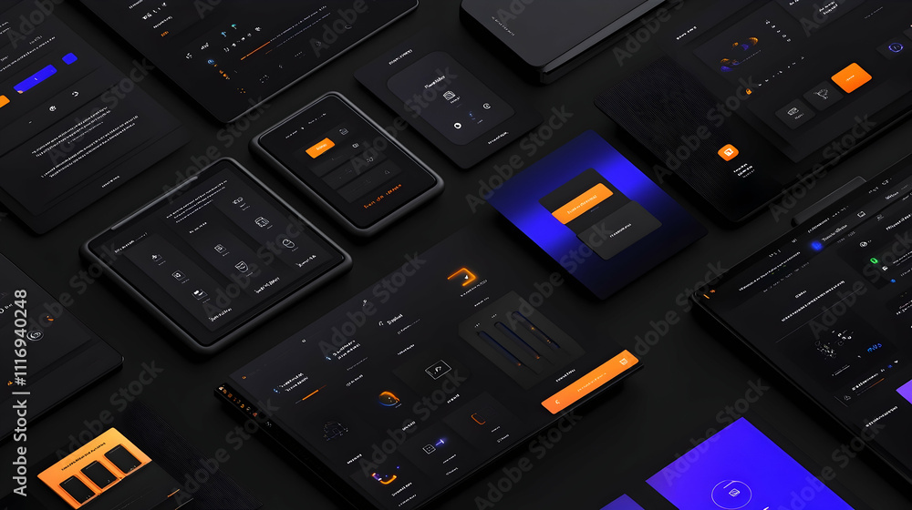 Dark-themed user interface design with various screens and controls displayed on tablets and laptops. Dark-themed user interface design with various screens and controls displayed on tablets and laptops.