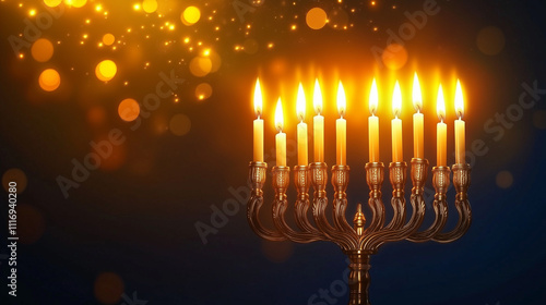 Religious image of Jewish holiday Hanukkah background with menorah (traditional candelabrum) and candles. Copy space. photo