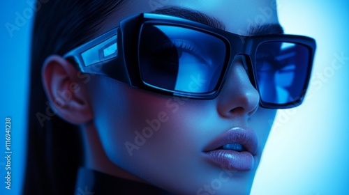Close-up of a woman in futuristic red sunglasses with bold design