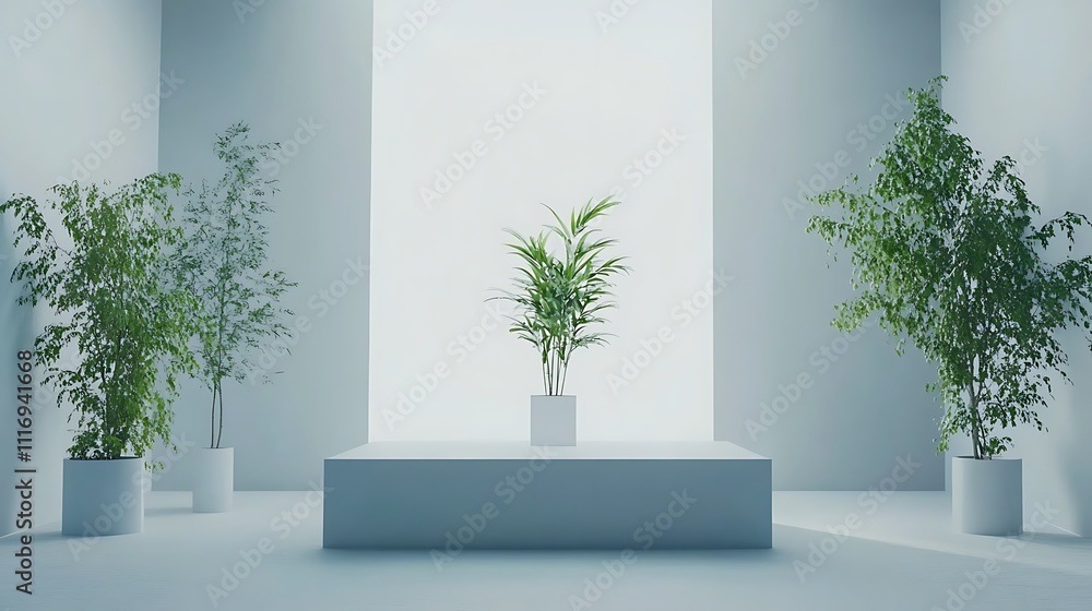 A minimalist indoor space featuring potted plants on a pedestal, emphasizing tranquility. A minimalist indoor space featuring potted plants on a pedestal, emphasizing tranquility.