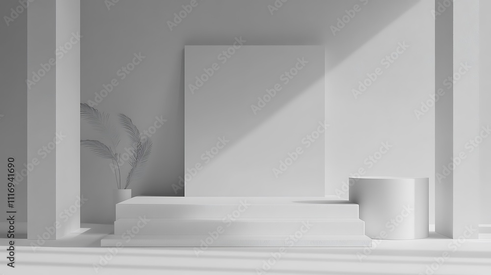 Minimalist interior scene featuring geometric shapes and a plant, emphasizing simplicity. Minimalist interior scene featuring geometric shapes and a plant, emphasizing simplicity.