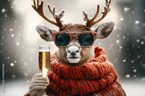 a whimsical and festive reindeer wearing stylish sunglasses holds a glass of champagne, the other hand is holding the gift box，exuding holiday cheer and cool vibes. with its antlers decorated and a jo photo