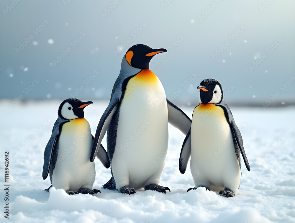 Fototapeta premium Penguins standing in the snow under a winter sky in their natural habitat.