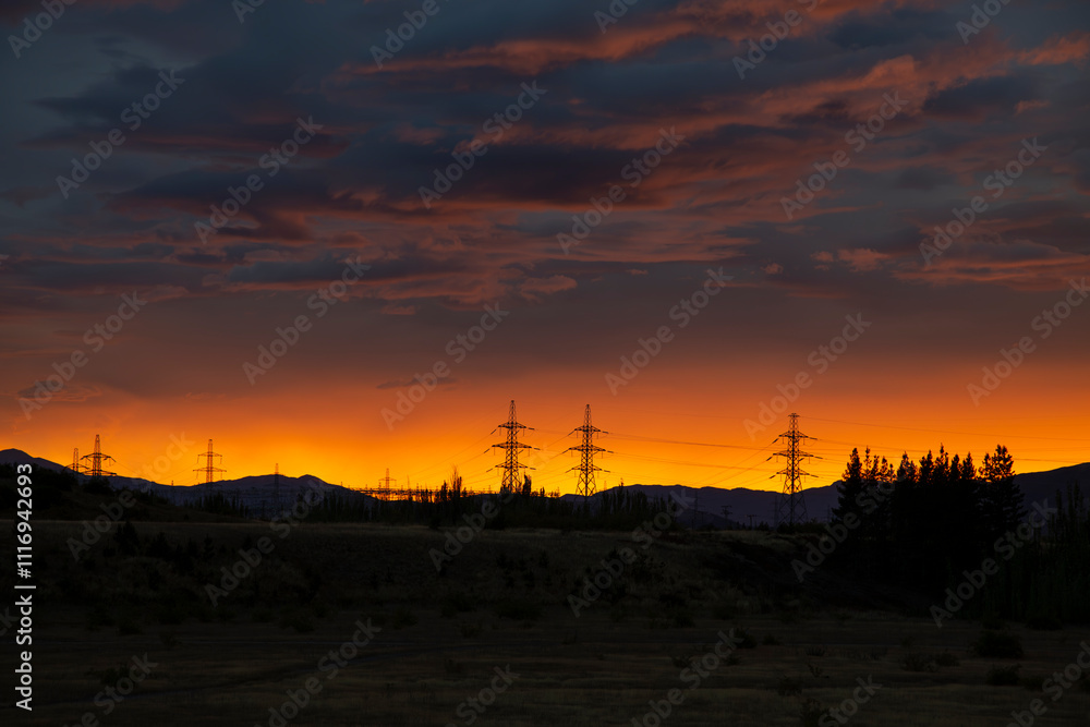 Early Morning Sunrise Hydro Electricity Powerlines Early Morning Sunrise Hydro Electricity Powerlines