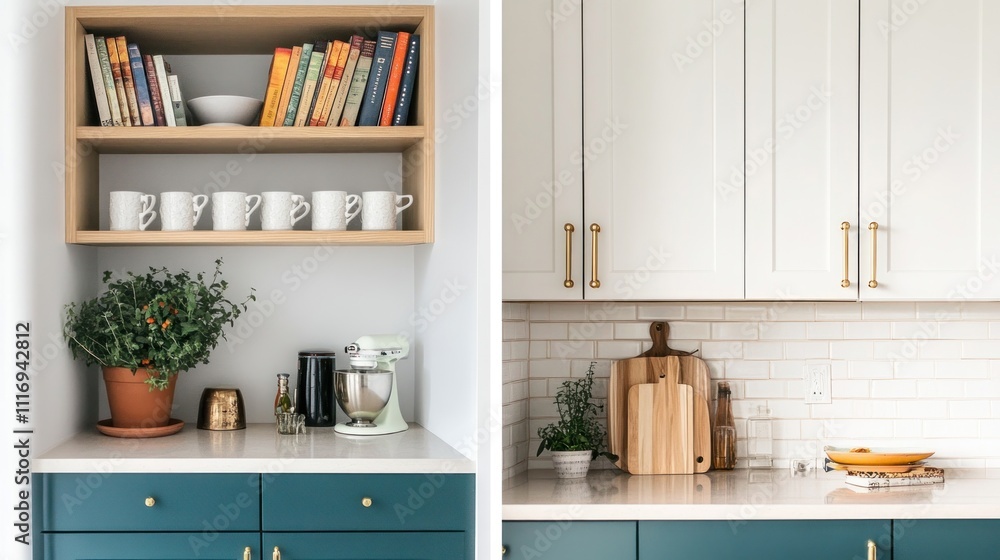 Modern kitchen nook with teal cabinets, white countertops, and built-in shelving. Modern kitchen nook with teal cabinets, white countertops, and built-in shelving.