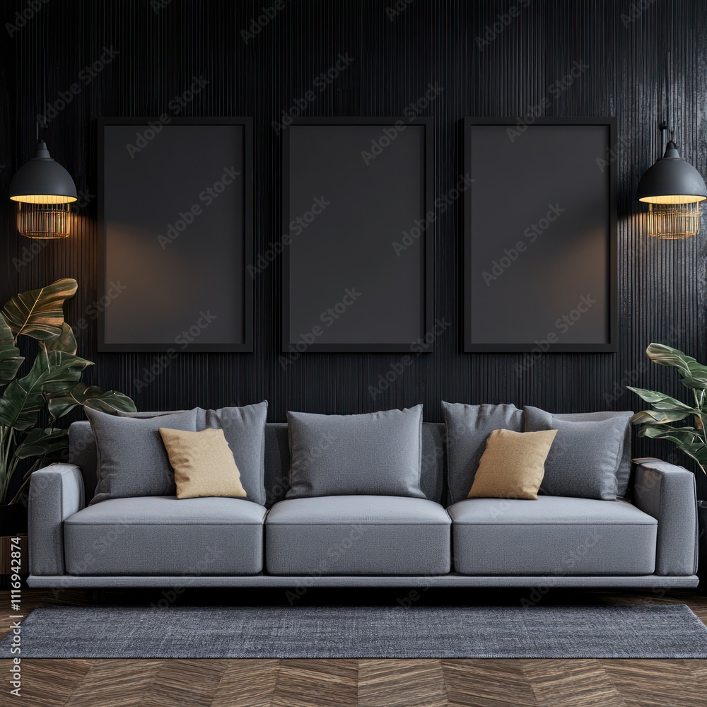 Modern Living Room with Grey Sofa and Three Empty Picture Frames on Black Wall Modern Living Room with Grey Sofa and Three Empty Picture Frames on Black Wall