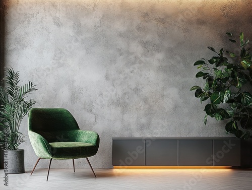 Minimalist Living Room with Green Accent Chair and Gray Textured Wall