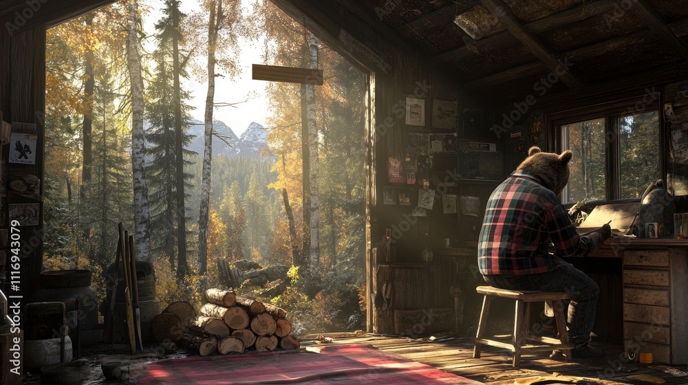 A cozy cabin interior with a bear in a flannel shirt, enjoying nature and solitude. A cozy cabin interior with a bear in a flannel shirt, enjoying nature and solitude.