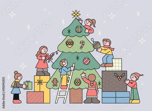 Christmas. Cute characters gather together to decorate the tree.