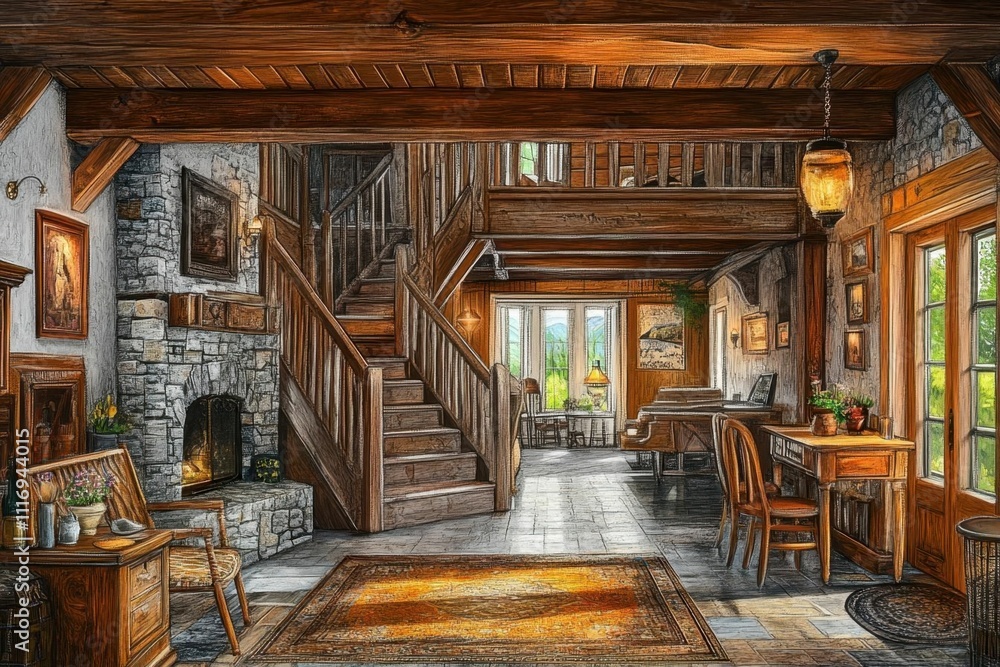 Cozy rustic interior with wooden beams and a warm fireplace. Cozy rustic interior with wooden beams and a warm fireplace.