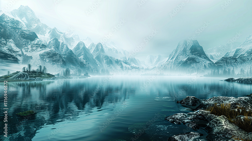 Obraz premium Peaceful Foggy Lake Surrounded by Mountains.