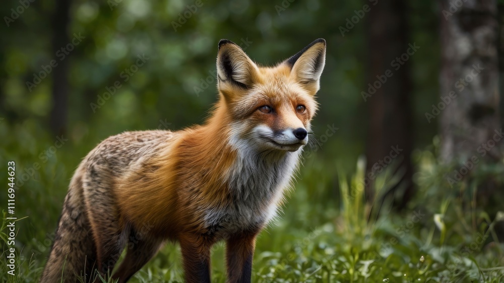 Fototapeta premium Red Fox Standing in A Green Nature Background in A National Park
