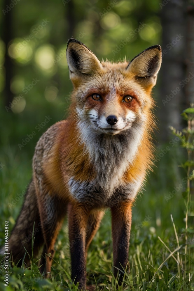 Fototapeta premium Red Fox Standing in A Green Nature Background in A National Park