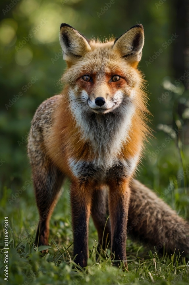Fototapeta premium Red Fox Standing in A Green Nature Background in A National Park