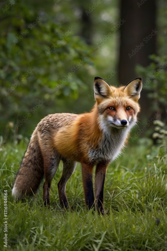Red Fox Standing in A Green Nature Background in A National Park Red Fox Standing in A Green Nature Background in A National Park