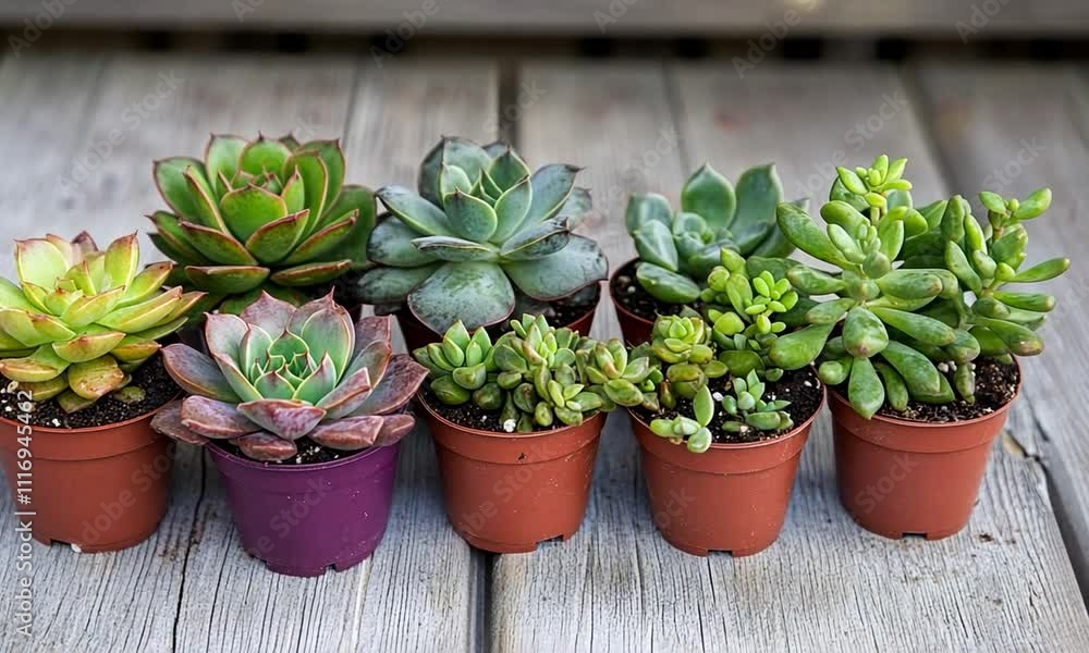 A collection of various potted succulents arranged on a wooden surface. A collection of various potted succulents arranged on a wooden surface.