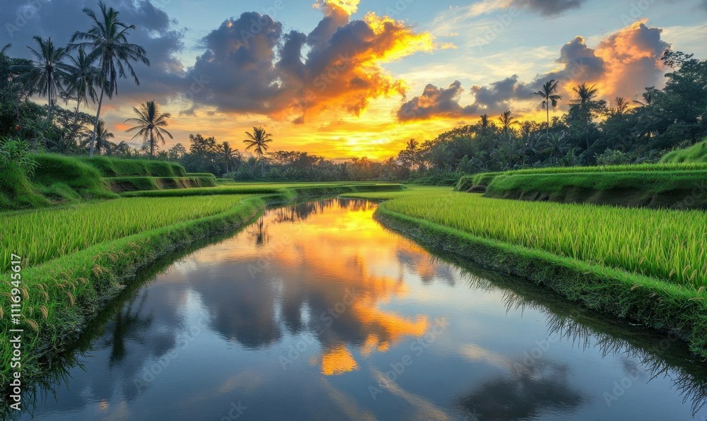 Serene sunset over lush rice fields reflecting in tranquil water. Serene sunset over lush rice fields reflecting in tranquil water.