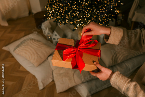 Bilde på lerret Person unwrapping a festive gift box with a red ribbon near a beautifully decorated Christmas tree