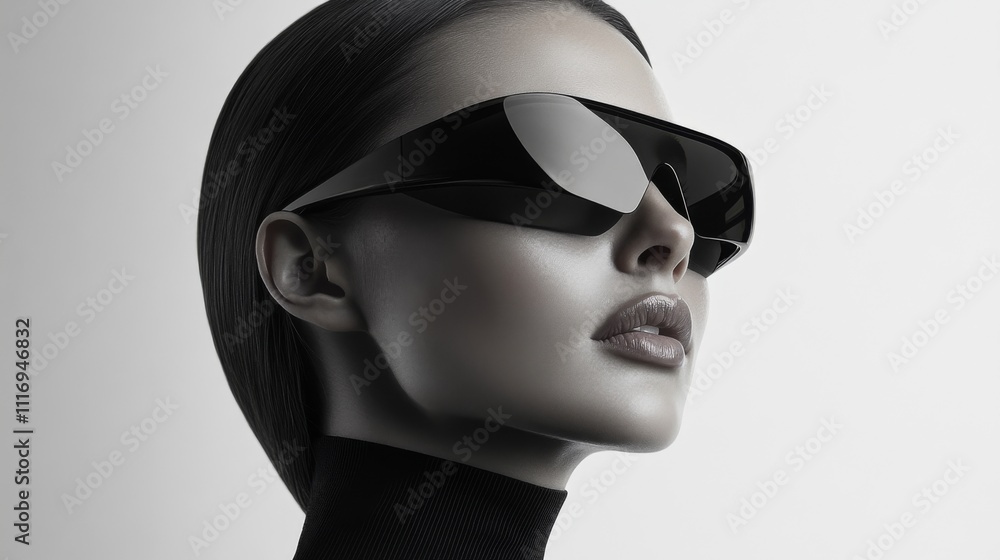 Fashionable woman wearing sleek futuristic sunglasses with bold lighting Fashionable woman wearing sleek futuristic sunglasses with bold lighting